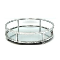 25cm Round Metal Tray With Mirror Decorative-Silver