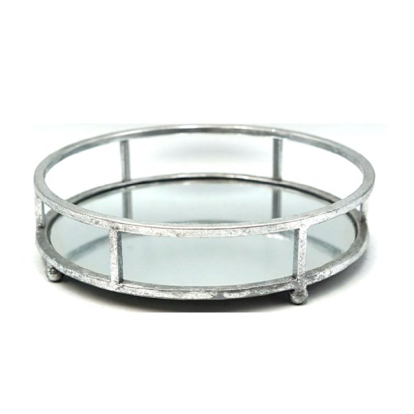 25cm Round Metal Tray With Mirror Decorative-Silver