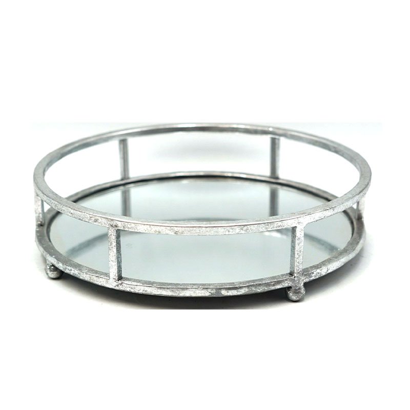25cm Round Metal Tray With Mirror Decorative-Silver