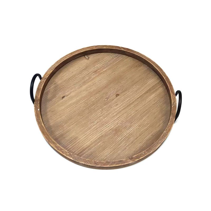 51cm Round Wooden Tray With Metal Handles Decorative-Brown