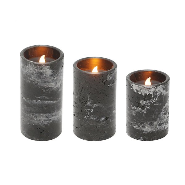 3Pk 3*4/5/6 Flameless Led Black Marble Pattern Wax Candle With 6Hr Timer