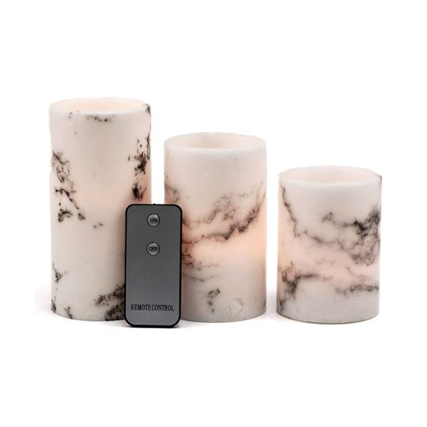 3Pk 3*4/5/6 Hand-made Marble  WaxFlameless Led Candle With Remote